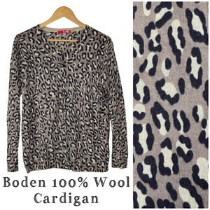 Boden 100% Wool Cardigan Sweater, Leopard Animal Print, Size 14, FLAW
